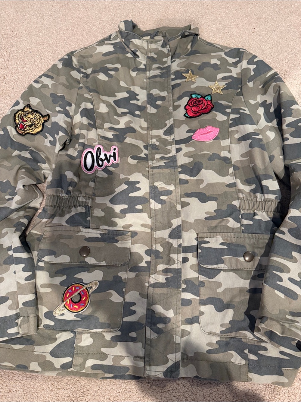 Children’s place camouflage military style jacket with fun patches sz 14 or XL